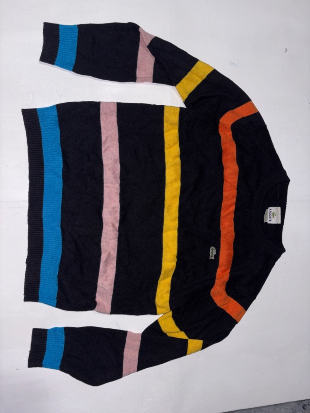 Lacoste Men's Black Crewneck Sweater with Blue, Pink, Yellow and Orange Stripes